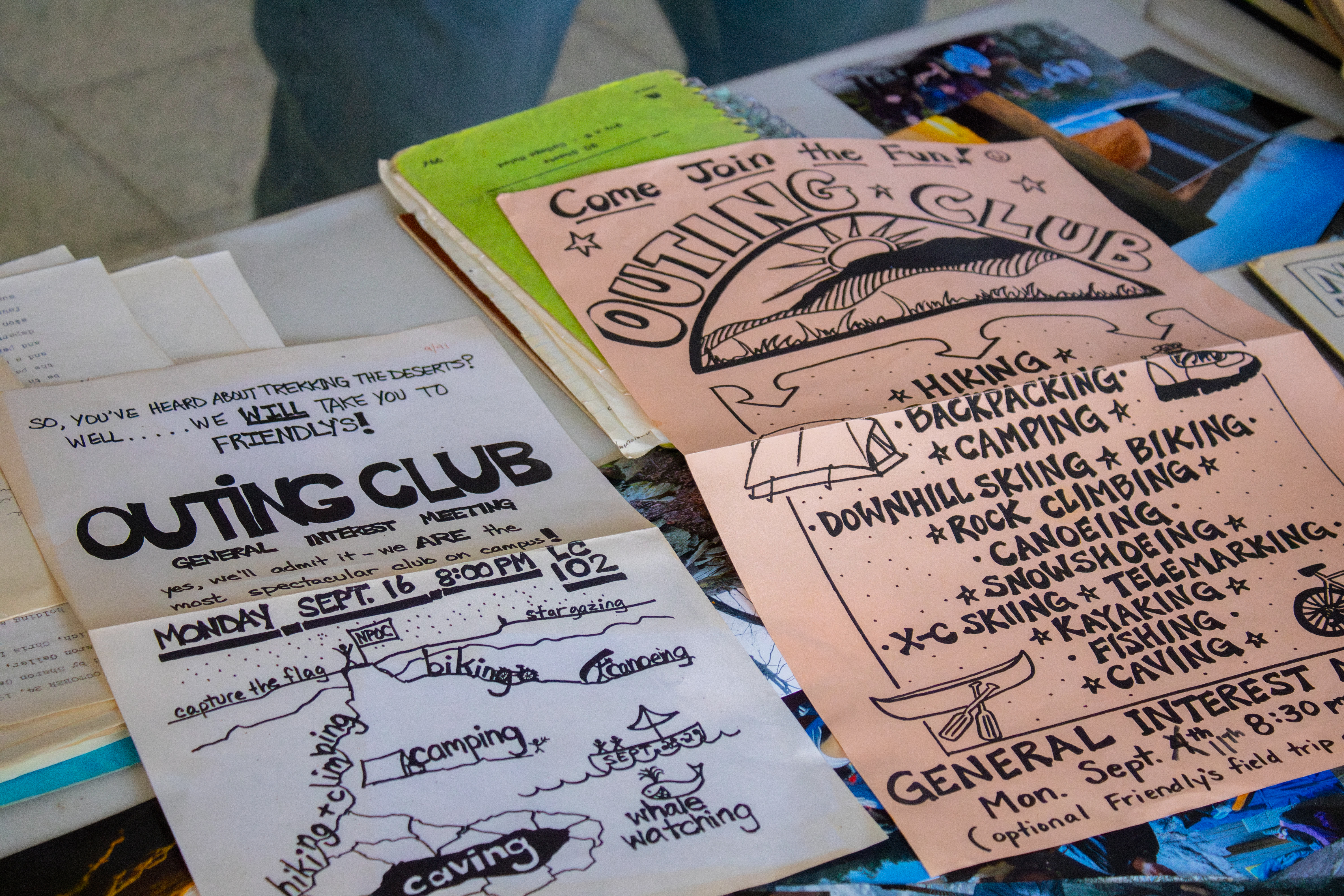 Archival fliers of the Outing Club encouraging people to join